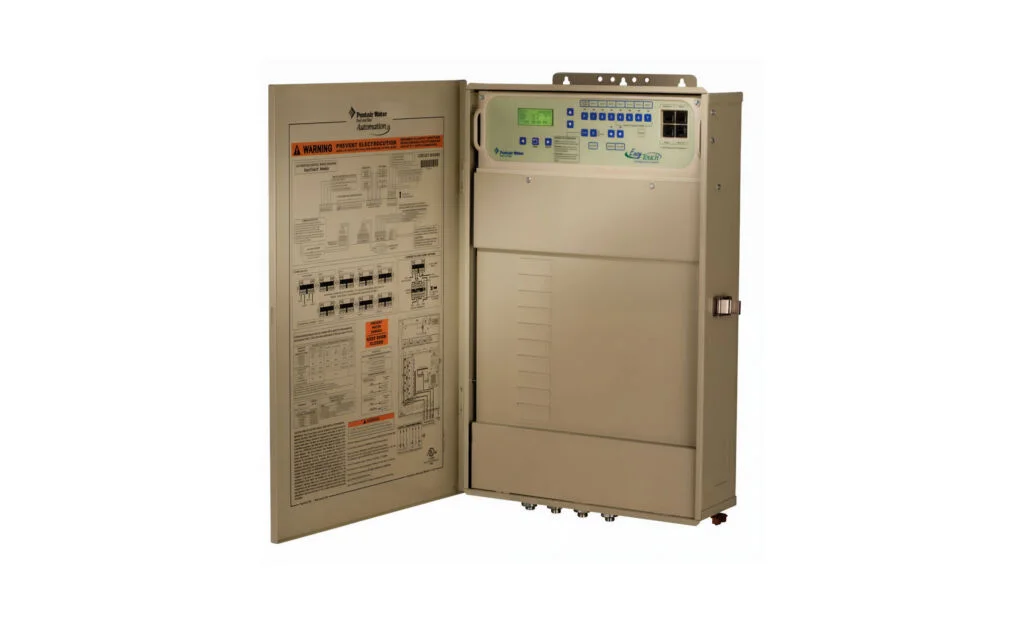 Pentair's EasyTouch Pool Automation System with an open control panel, detailing a user-friendly keypad and digital screen for automated pool management. The left side displays operational diagrams and safety warnings. 