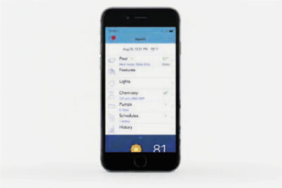Smartphone screen displaying a pool control application interface with various options such as pool temperature, lights, chemistry, pumps, schedules, and history. The app shows a sunny weather icon and current temperature of 81°F at the bottom. The phone indicates a cellular connection and battery status at the top.
