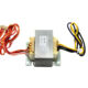 An electrical transformer with multiple wire leads in red, yellow, and blue colors. The transformer is mounted on a metal plate and features a label with technical specifications. The image shows the component isolated on a white background.