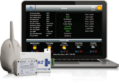 Digital home automation interface displayed on a laptop screen showing controls and status for pool and spa settings, including temperature and system status, with a sunny weather forecast for the week. In front of the laptop, a Pentair brand iC2 Protocol Adapter and a white antenna device are placed, indicating pool automation equipment.