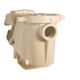 Side view of a beige-colored Pentair pool pump with a transparent lid on the top, displaying its internal strainer basket. The pump has a circular inlet port visible on the front, and it's positioned at a slight angle against a white background.