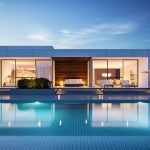 Beautiful swimming pool at dusk reflects the lights that are on from the modern home which sits behind it. Surrounding the pool is white poolside furniture an umbrella. There is simple modern landscaping of bushes and trees. Above is a clear blue sky with whispy clouds in an otherwise blue sky.