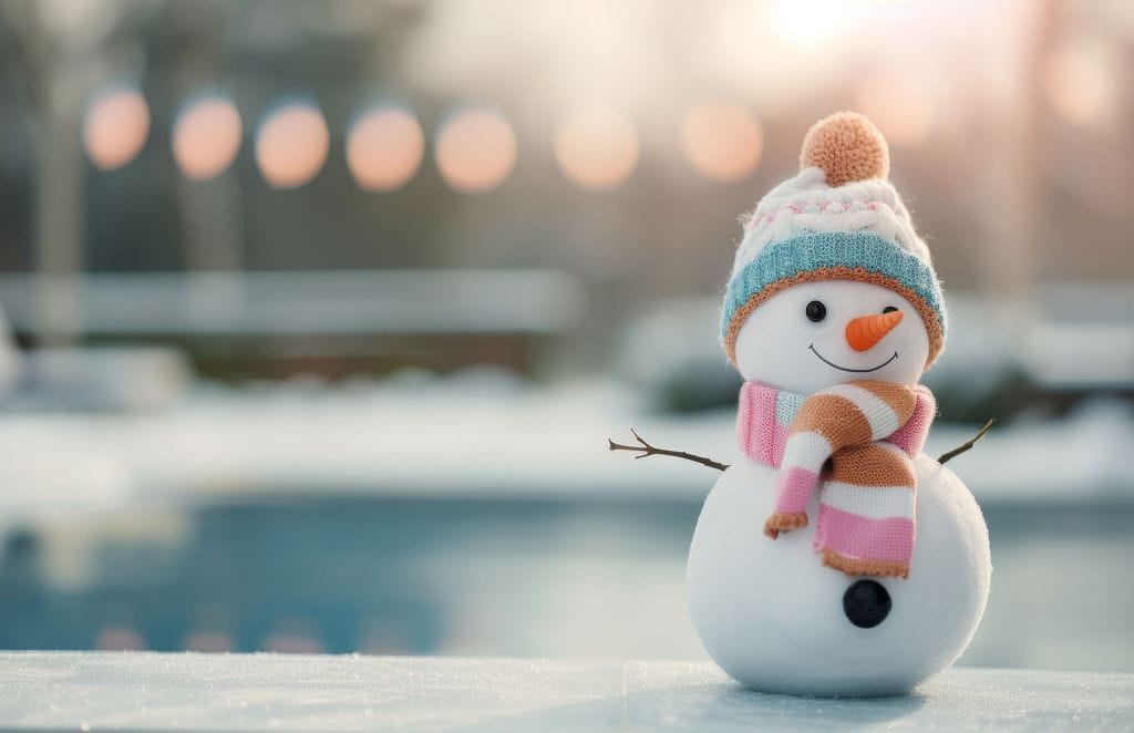 A cheerful snowman with a carrot nose and a smile stands outdoors on a snowy surface. It is adorned with a pastel-colored striped scarf and a knitted beanie featuring a pom-pom. The background is softly blurred, showing a wintery scene with a pool and warm lights, creating a cozy and festive atmosphere.