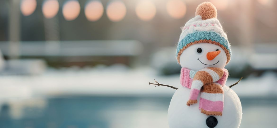 A cheerful snowman with a carrot nose and a smile stands outdoors on a snowy surface. It is adorned with a pastel-colored striped scarf and a knitted beanie featuring a pom-pom. The background is softly blurred, showing a wintery scene with a pool and warm lights, creating a cozy and festive atmosphere.