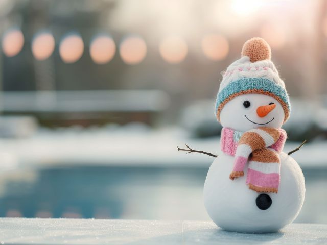 A cheerful snowman with a carrot nose and a smile stands outdoors on a snowy surface. It is adorned with a pastel-colored striped scarf and a knitted beanie featuring a pom-pom. The background is softly blurred, showing a wintery scene with a pool and warm lights, creating a cozy and festive atmosphere.