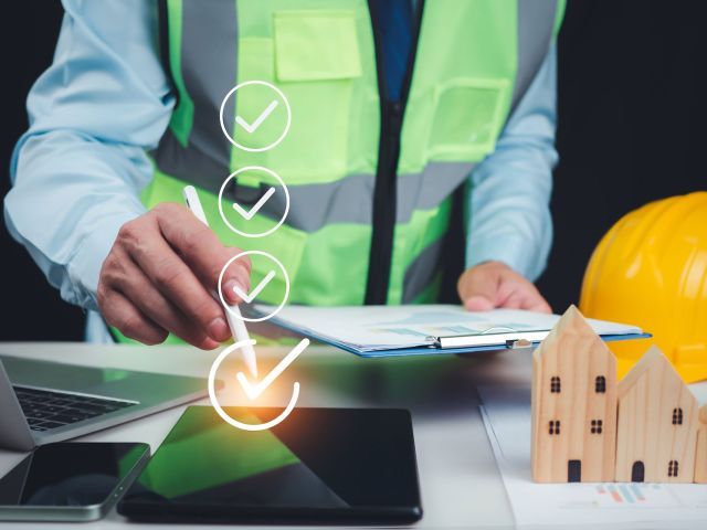 Construction project manager in a reflective safety vest reviewing documents on a clipboard, with a checklist graphic overlay and a stylus pointing to a digital tablet. Nearby are a laptop, smartphone, yellow hard hat, and wooden house models on a desk with charts.