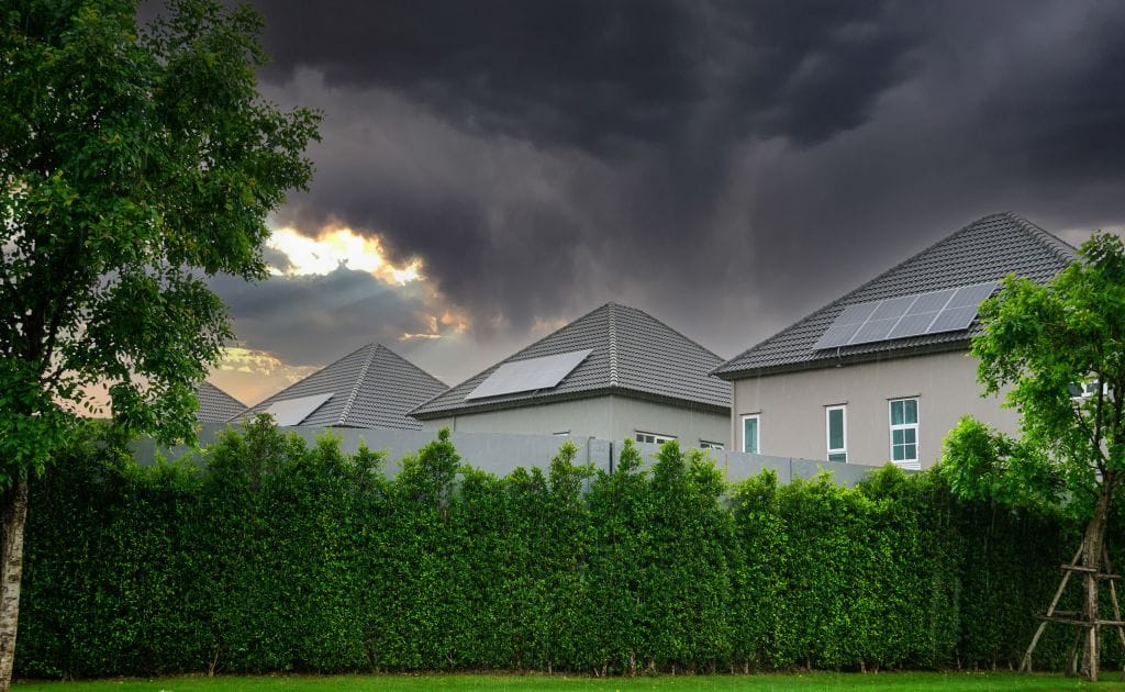 Houses with rooftop solar panels behind a tall green hedge under dark storm clouds at sunset.