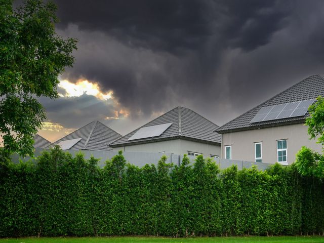 Houses with rooftop solar panels behind a tall green hedge under dark storm clouds at sunset.