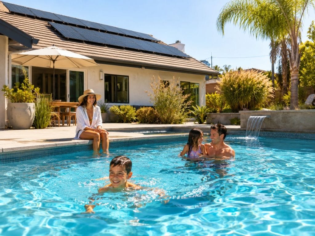 Family enjoying a sunny backyard swimming pool with solar pool heating panels on the roof of a nearby home.