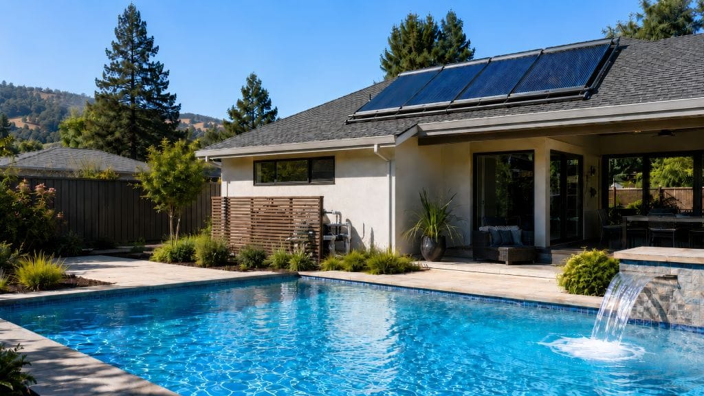 Modern backyard swimming pool on a sunny day with rooftop solar pool heating panels, clear blue water, visible pool filter equipment, and a homeowner inspecting the system beside a clean contemporary house.