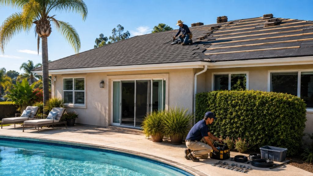 Suburban home with a backyard pool during a reroofing project, showing a contractor working on a shingle roof while another technician organizes solar pool heating hardware on the patio.