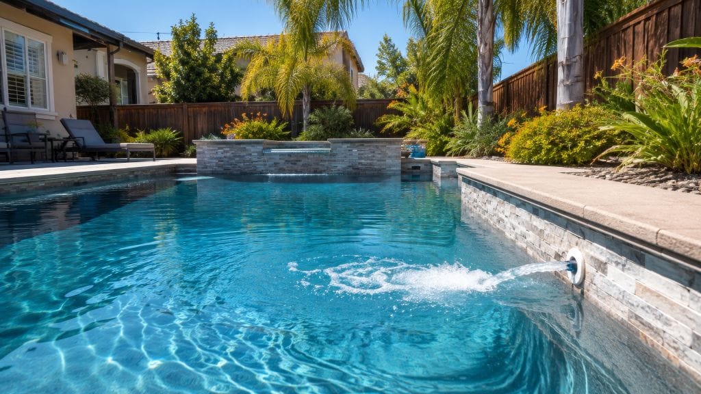 Sunny California backyard swimming pool with water circulating from a return jet surrounded by lush landscaping.