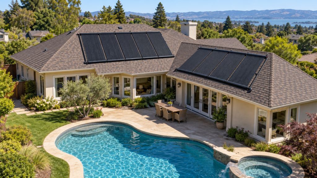 Northern California home with a swimming pool and black Heliocol solar pool heating collectors on roof sections facing different directions.